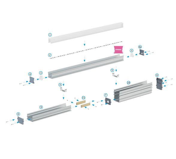 Montageschema STRADA LED-profiel met STRADA M1 montageprofiel