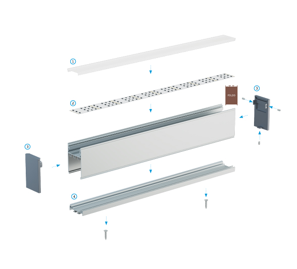 Montageschema FOLDO-verlichtingssysteem met FOLDO M1 profiel