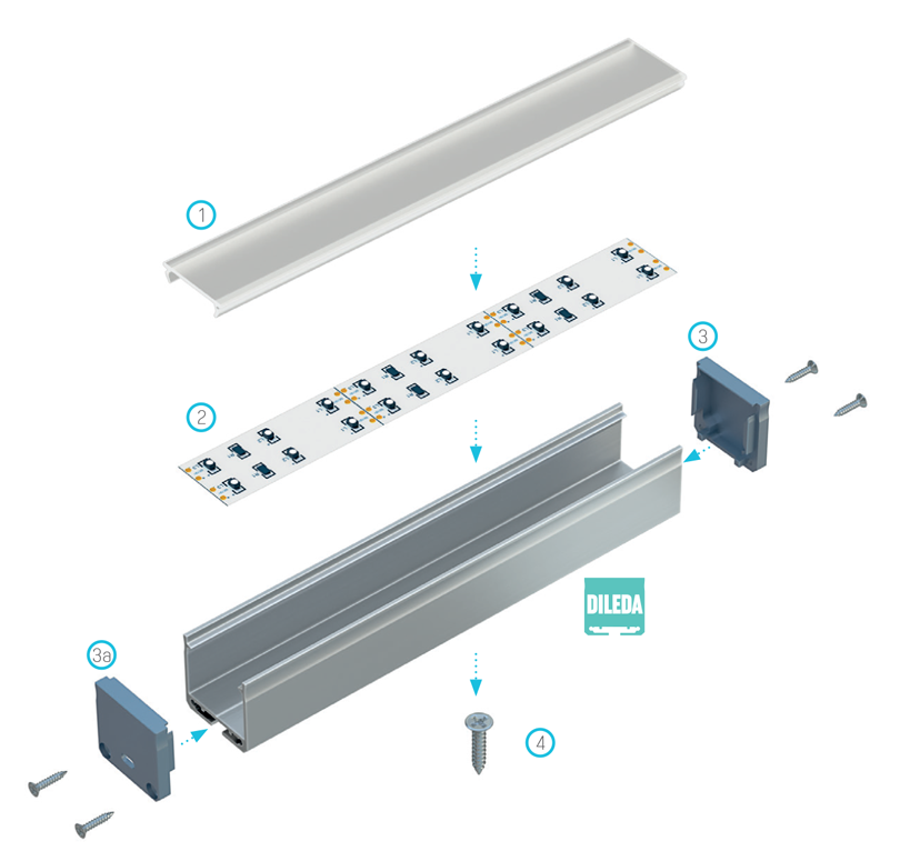 Montageschema voor DILEDA-profiel met verlichtingselementen