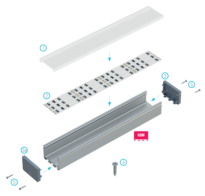 Montageschema voor verlichtingssysteem met ILEDO-profiel