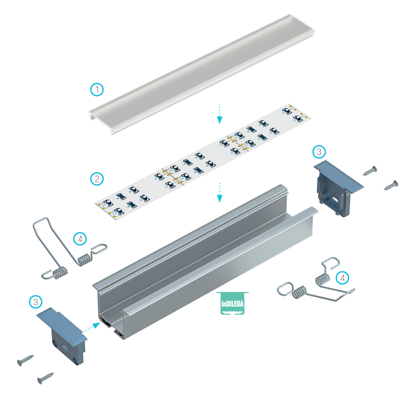 Montageschema voor inDILEDA-profiel met verlichtingselementen