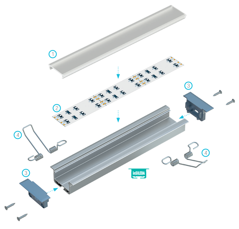 Montageschema voor inSILEDA-profiel met verlichtingselementen