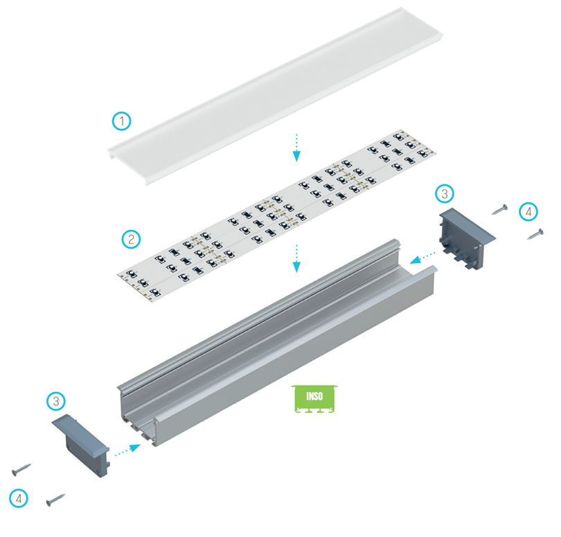 Montageschema verlichtingssysteem INSO-profiel met WIDE afdekking