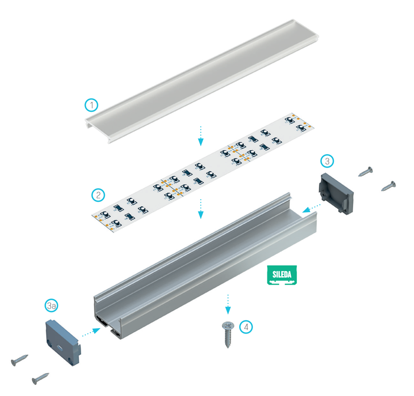 Montageschema voor SILEDA-profiel met verlichtingselementen