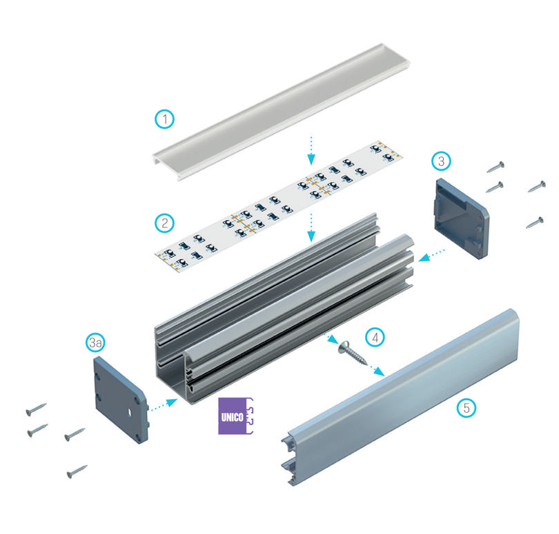 Montageschema voor UNICO-profiel met verlichtingselementen