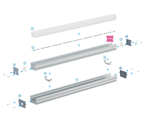 Montageschema STRADA LED-profiel met STRADA M1 montageprofiel en SOLID afdekkap